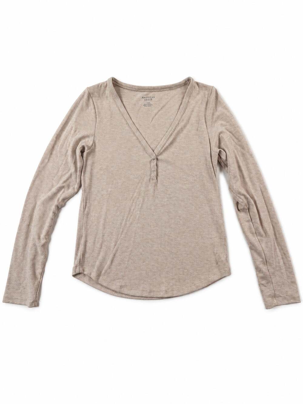 American Eagle Taupe Ribbed V Neck Henley Long Sleeve Top L